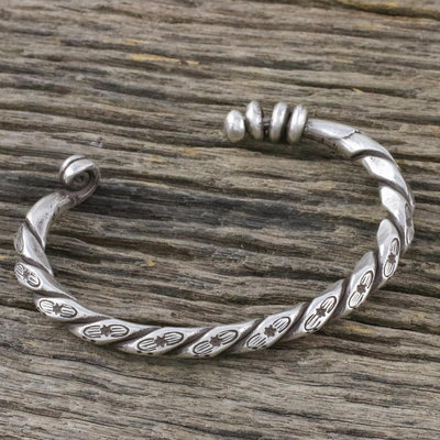 Sterling silver cuff bracelet, 'Lanna Flora' - Handmade Sterling Silver Thai Hill Tribe Cuff Bracelet