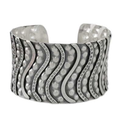 Sterling silver cuff bracelet, 'Silver Ripple' - Handmade Sterling Silver Thai Hill Tribe Cuff Bracelet
