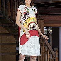 Cotton batik dress, 'Pheasant Singing' - 100% Cotton Thai Batik Short Sleeve Dress in Earth Tones