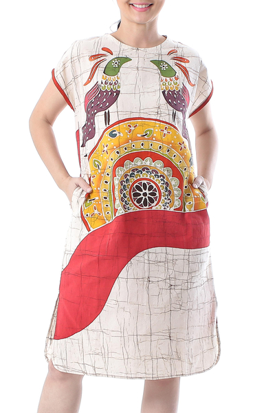 Cotton batik dress, 'Pheasant Singing' - 100% Cotton Thai Batik Short Sleeve Dress in Earth Tones