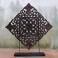 Teak wood relief panel, 'Little Garden' - Artisan Handmade Teak Wood Floral Carving Sculpture Thailand