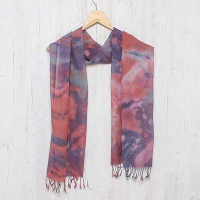 Schal aus gebatikter Baumwolle - Wickelschal aus gefärbter Baumwolle in Rosa und Lila aus Thailand
