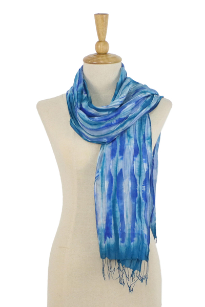 Tie-dyed silk scarf, 'Lovely Magic in Blue' - Handwoven Tie-Dyed Silk Scarf in Blue from Thailand