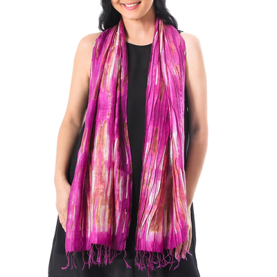 Vibrant fuchsia and olive green hand-dyed silk scarf
