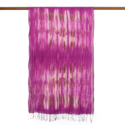 Tie-dyed silk scarf, 'Lovely Magic in Fuchsia' - Handwoven Tie-Dyed Silk Scarf in Fuchsia from Thailand