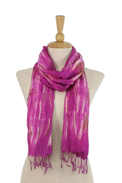 Tie-dyed silk scarf, 'Lovely Magic in Fuchsia' - Handwoven Tie-Dyed Silk Scarf in Fuchsia from Thailand
