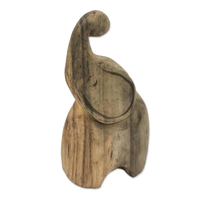 Wood statuette, 'Joyful Elephant' - Handmade Raintree Wood Elephant Statuette from Thailand