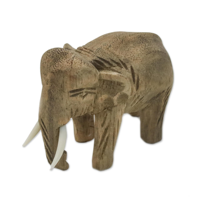 Handmade Raintree Wood Elephant Statuette from Thailand