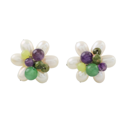 Multi-gemstone button earrings, 'Effervescent' - Cultured Pearl and Multi-Gemstone Flower Button Earrings