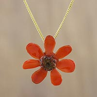 Natural flower pendant necklace, 'Zinnia Charm in Scarlet'