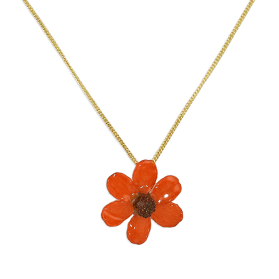 Natural flower pendant necklace, 'Zinnia Charm in Scarlet' - 22k Gold Plated Red Zinnia Flower Pendant from Thailand