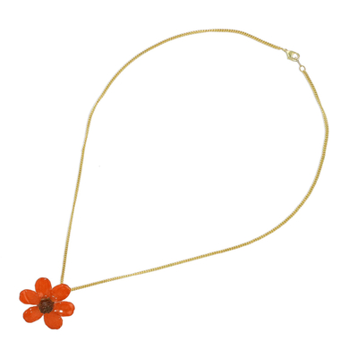 collar con colgante de flor natural - Colgante de flor de zinnia roja chapada en oro de 22 quilates de Tailandia