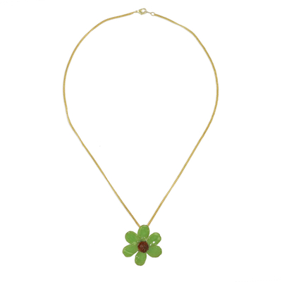 Natural flower pendant necklace, 'Zinnia Charm in Green' - 22k Gold Plated Green Zinnia Flower Pendant from Thailand