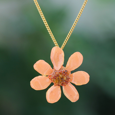 Natural flower pendant necklace, 'Zinnia Charm in Peach' - 22k Gold Plated Pink Zinnia Flower Pendant from Thailand