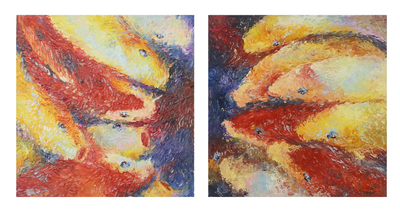 Original Acrylic on Canvas Set of Two Koi Fish Paintings