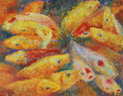 'Joyful Fancy Carp' - Signed Original Expressionist Koi Fish Painting Thailand