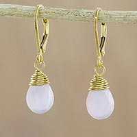 Gold plated chalcedony dangle earrings, 'Grand Treasure in Pink' - Handmade 18k Gold Plated Pink Chalcedony Dangle Earrings