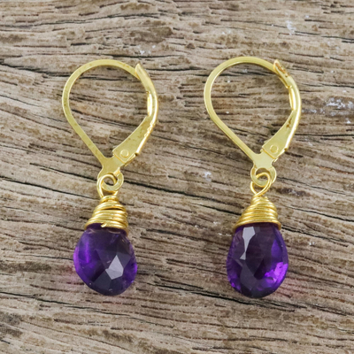 Gold plated amethyst dangle earrings, 'Grand Treasure' - Handmade 18k Gold Plated Amethyst Dangle Earrings