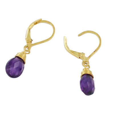 Gold plated amethyst dangle earrings, 'Grand Treasure' - Handmade 18k Gold Plated Amethyst Dangle Earrings
