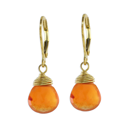 Gold plated carnelian dangle earrings, 'Grand Treasure' - Handmade 18k Gold Plated Carnelian Dangle Earrings