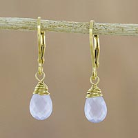 Gold plated chalcedony dangle earrings, 'Grand Treasure in Blue' - Handmade 18k Gold Plated Blue Chalcedony Dangle Earrings