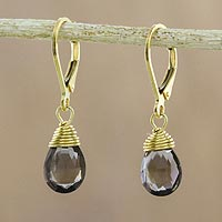 Gold plated smoky quartz dangle earrings, 'Grand Treasure' - Handmade 18k Gold Plated Smoky Quartz Dangle Earrings