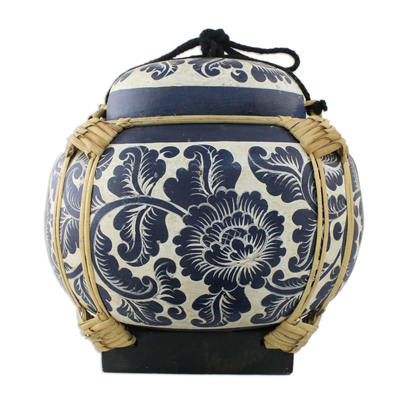 Decorative Handmade Blue Bamboo Jar from Thailand