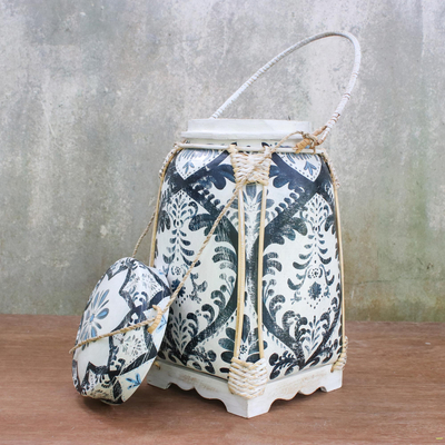 Decorative bamboo and clay jar, 'Exotic Sky' - Traditional Thai Blue and White Decorative Jar