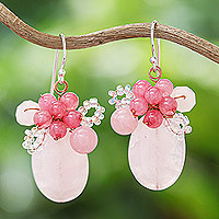 Quartz beaded dangle earrings, 'Blossom Blush'