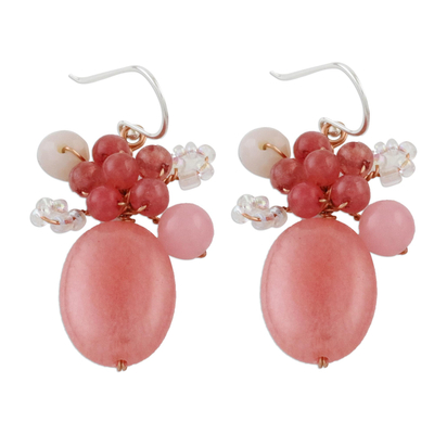 Quartz beaded dangle earrings, 'Blossom Blush' - Handmade Pink Quartz Beaded Dangle Earrings from Thailand