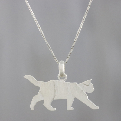 Collar colgante de plata esterlina - Collar con colgante de gato merodeador de plata de ley 925 hecho a mano