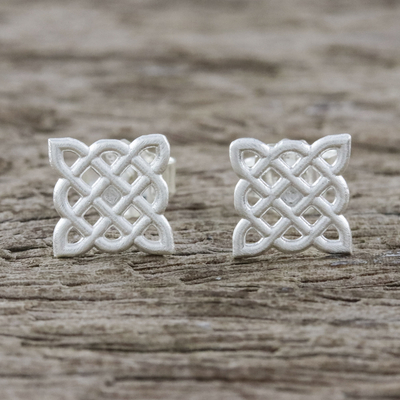 Sterling silver stud earrings, 'Thatched Box' - Handmade 925 Sterling Silver Button Earrings Woven Square