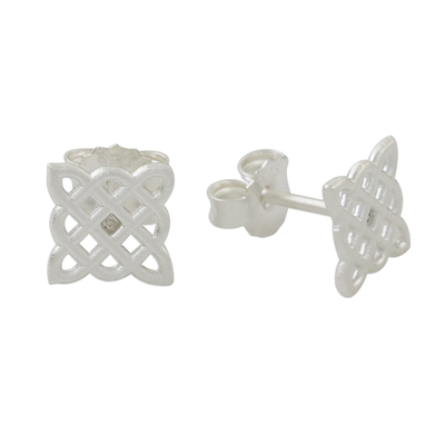 Sterling silver stud earrings, 'Thatched Box' - Handmade 925 Sterling Silver Button Earrings Woven Square
