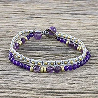 Pulsera de cuentas de amatista y cuarzo teñido - Pulsera de macramé con cuentas de amatista y cuarzo morado