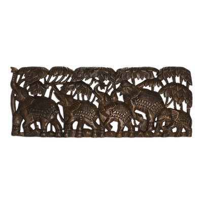 Elephant-Themed Teak Wood Relief Panel from Thailand