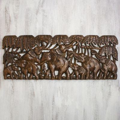 Teak wood relief panel, Eight Elephants