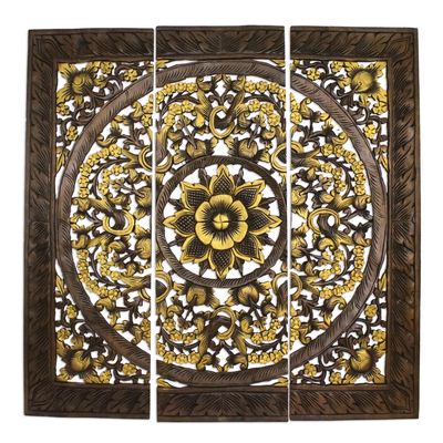 Teak wood relief panels, 'Native Elegance in Gold' (set of 3) - Three Floral Teak Wood Relief Panels in Gold from Thailand