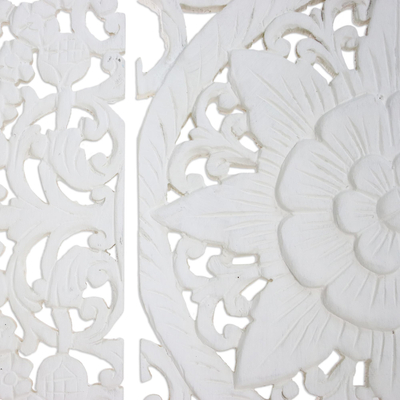 Teak wood relief panels, 'Native Elegance in White' (set of 3) - Three Floral Teak Wood Relief Panels in White from Thailand