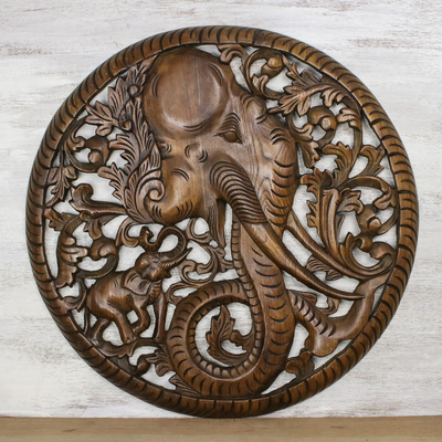 Teak wood relief panel, 'Master Elephant' (right-facing) - Right-Facing Teak Wood Elephant Relief Panel from Thailand
