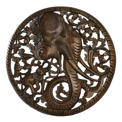 Right-Facing Teak Wood Elephant Relief Panel from Thailand