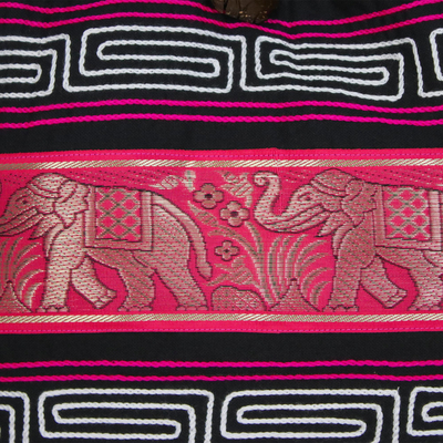 Umhängetasche aus Baumwollmischung - Elefanten-Schultertasche aus Baumwollmischung in Rubinrot aus Thailand