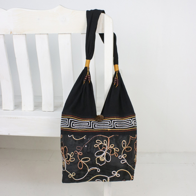 Cotton shoulder bag, 'Floral Nighttime' - Floral Cotton Shoulder Bag from Thailand