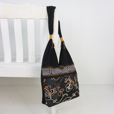 Cotton shoulder bag, 'Floral Nighttime' - Floral Cotton Shoulder Bag from Thailand