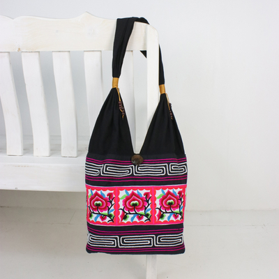Cotton blend shoulder bag, 'Thai Flora' - Pink Floral Cotton Blend Shoulder Bag from Thailand
