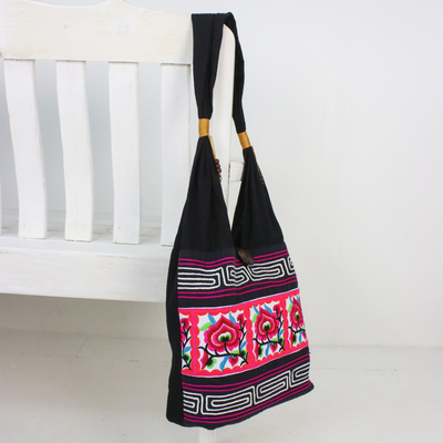 Cotton blend shoulder bag, 'Thai Flora' - Pink Floral Cotton Blend Shoulder Bag from Thailand