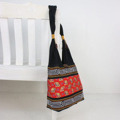 Cotton blend shoulder bag, 'Thai Siam in Crimson' - Black and Crimson Cotton Blend Shoulder Bag from Thailand