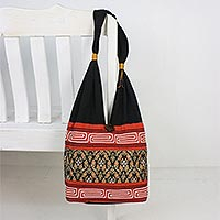 Cotton blend shoulder bag, 'Charming Thai in Paprika' - Floral Cotton Blend Shoulder Bag in Paprika from Thailand