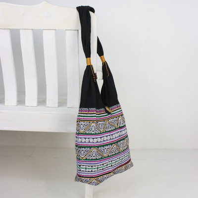 Cotton shoulder bag, 'Thai Spirals' - Multicolored Embroidered Cotton Shoulder Bag from Thailand