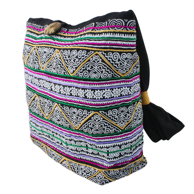 Cotton shoulder bag, 'Thai Spirals' - Multicolored Embroidered Cotton Shoulder Bag from Thailand