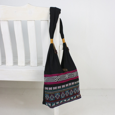 Cotton blend shoulder bag, 'Exotic Embroidery' - Cotton Blend Shoulder Bag with Pink Stripes from Thailand